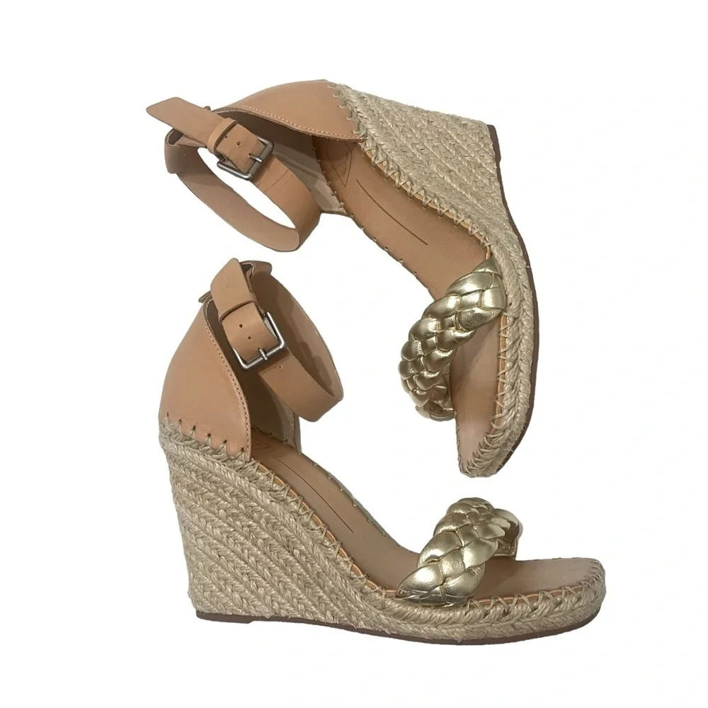 New Dolce Vita Nilton Wedges Size 9 Espadrilles Gold Leather Braided Ankle Strap